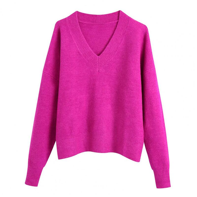 V Neck Long Sleeves Ribbed Trim Thick Warm Women Knitwear Autumn Winter Solid Color Loose Pullover Sweater Female Clothing Tops
