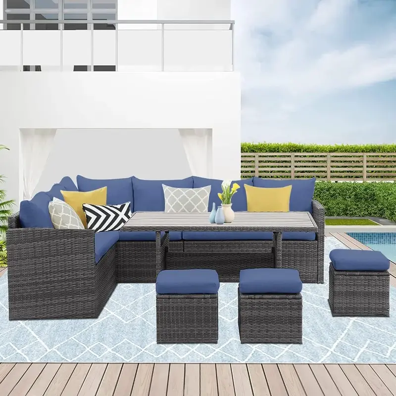 Outdoor Sofa Set of 7, Weather Wicker Conversation Set with Ottoman, Outdoor Dining Sectional Sofa with Dining Table and Chair