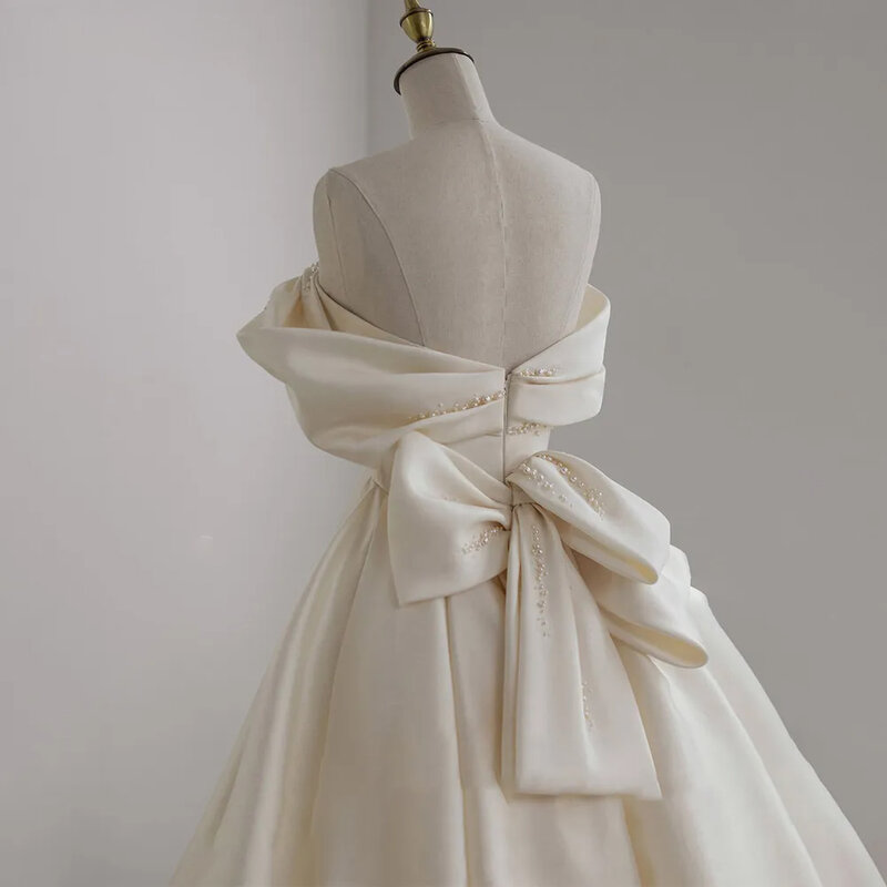 BECHOYER-Off-ombro sereia vestido de casamento pérola, vestido de noiva, arco de cetim, trem tribunal, plus size, B340, 2024