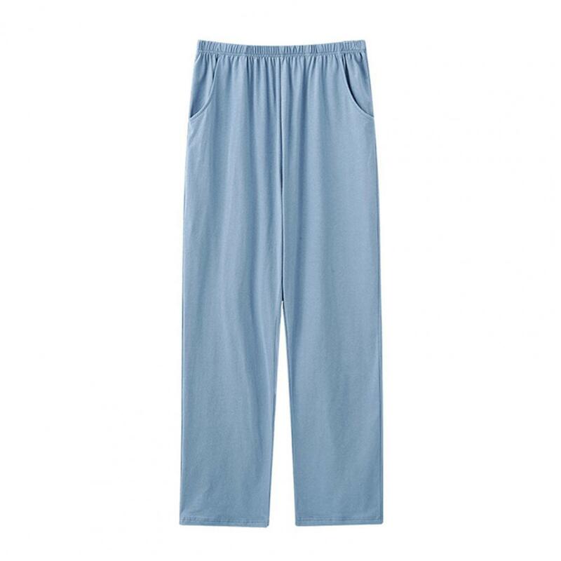 Comfortable Straight-leg Pajama Pants Men's Winter Pajama Pants With Elastic Mid Waist Solid Color Thin Pockets For Comfortable