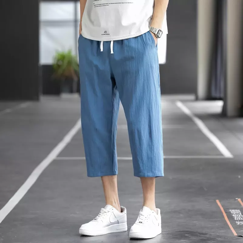 Брюки мужские повседневные из натурального хлопка и льна, свободные льняные штаны, модные прямые брюки в Корейском стиле, лето 2024