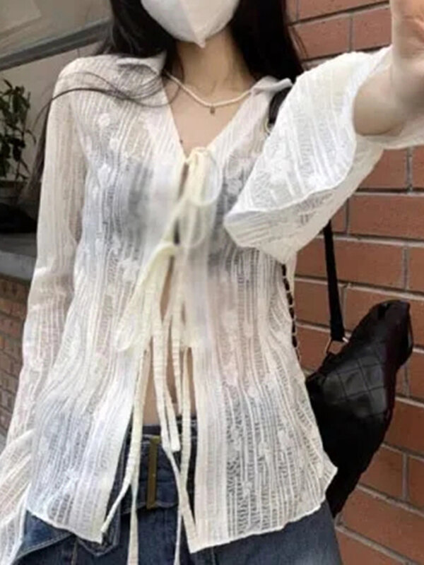 Женский жаккардовый кардиган, пикантная шифоновая Солнцезащитная одежда на завязках, милый жаккардовый кардиган с рукавами-рогами, кофта в Корейском стиле на лето