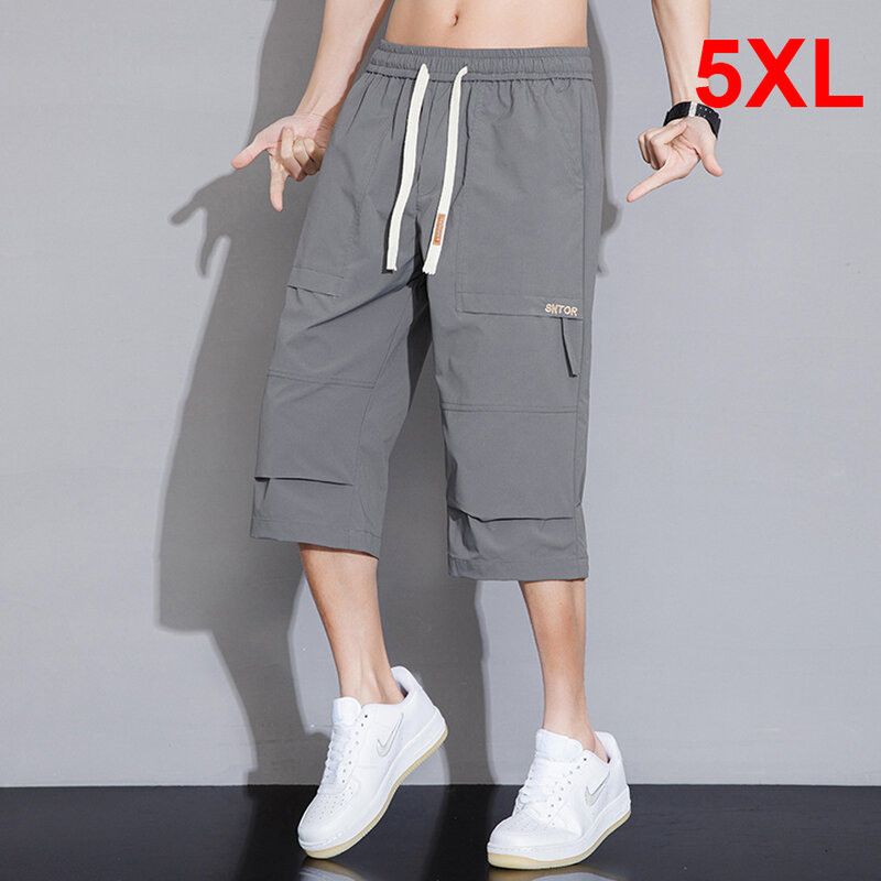 Calf-length Pants Men Solid Color Cargo Pants Fashion Casual Elastic Waist Straight Pants Male