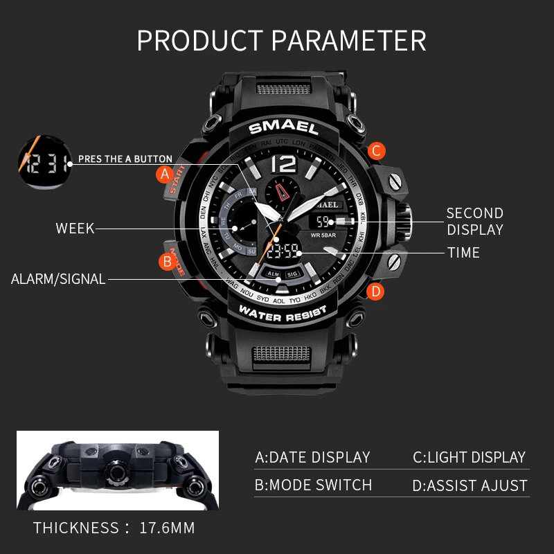Men Watches Top Luxury Quartz Watch LED Dual Display Analog Digital Auto Date 50M Waterproof Male Military Sport Watches