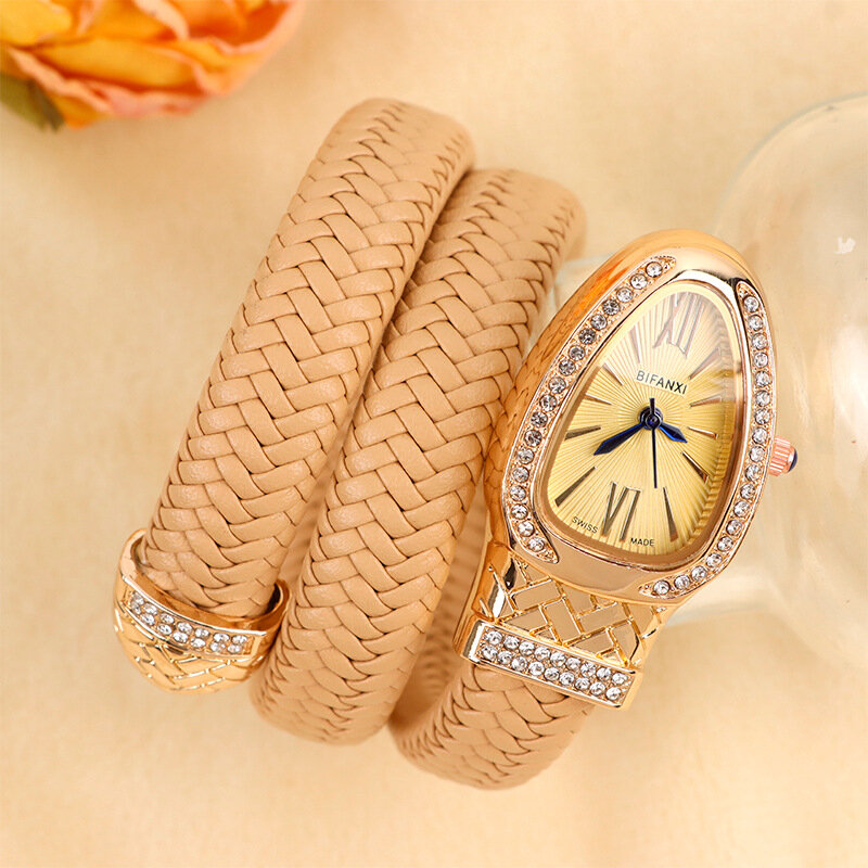 Jam tangan berbentuk ular mode laris untuk wanita mewah jam tangan kuarsa wanita dengan jam tangan wanita kristal jam tangan emas klasik Reloj Mujer