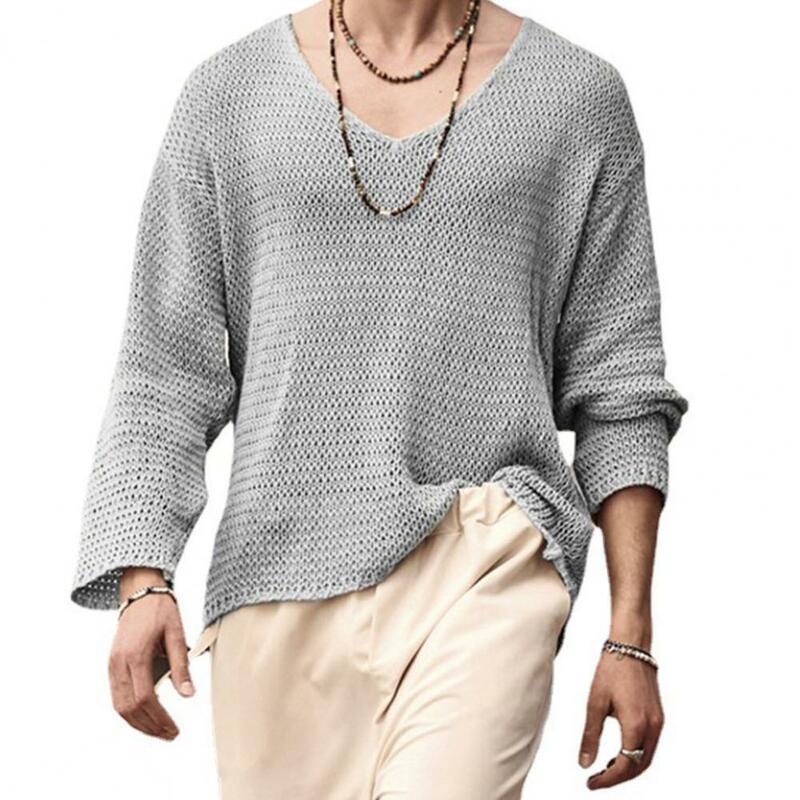Masculino Hollow Out Design leve suéter, pulôver com decote em v, malhas monocromáticas para primavera, streetwear