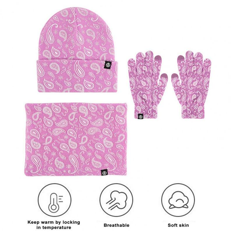 Cozy Cycling Cap Neck Warmer Gloves Set Ultra-thick Windproof Winter Beanie Hat Scarf Gloves Set Soft Knitted Outdoor Print Neck