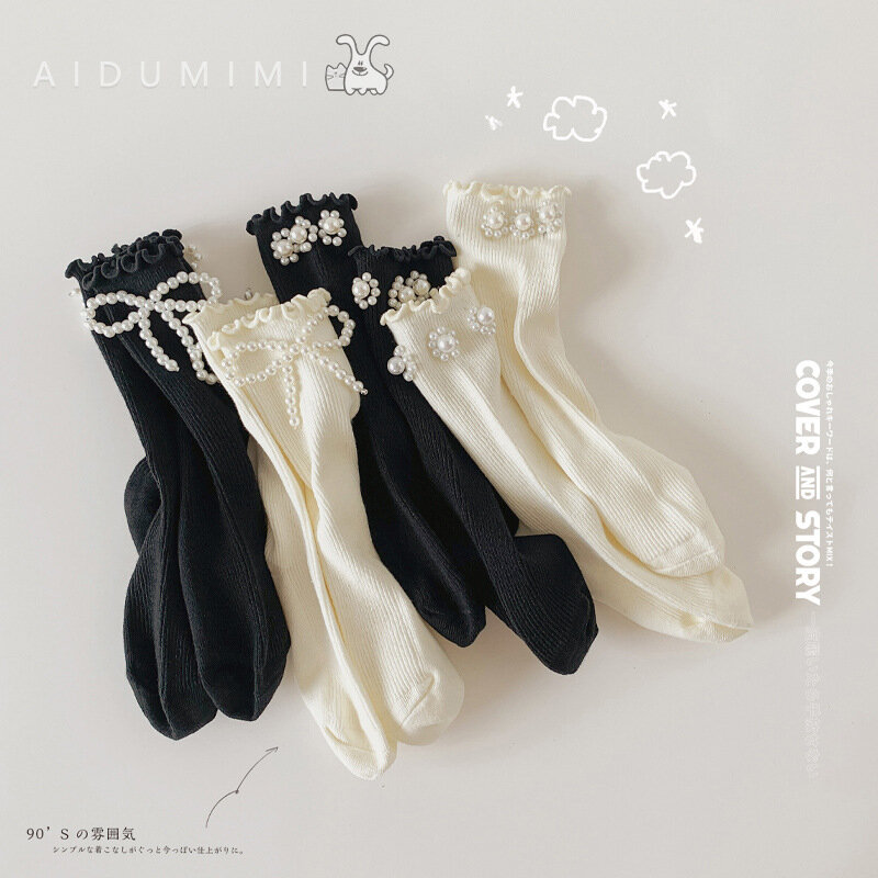 Süße japanische Perle weiß schwarz kniehohe lange Socken für Baby Mädchen Kinder Frühling Herbst mit Rüschen Prinzessin Lolita Strumpf