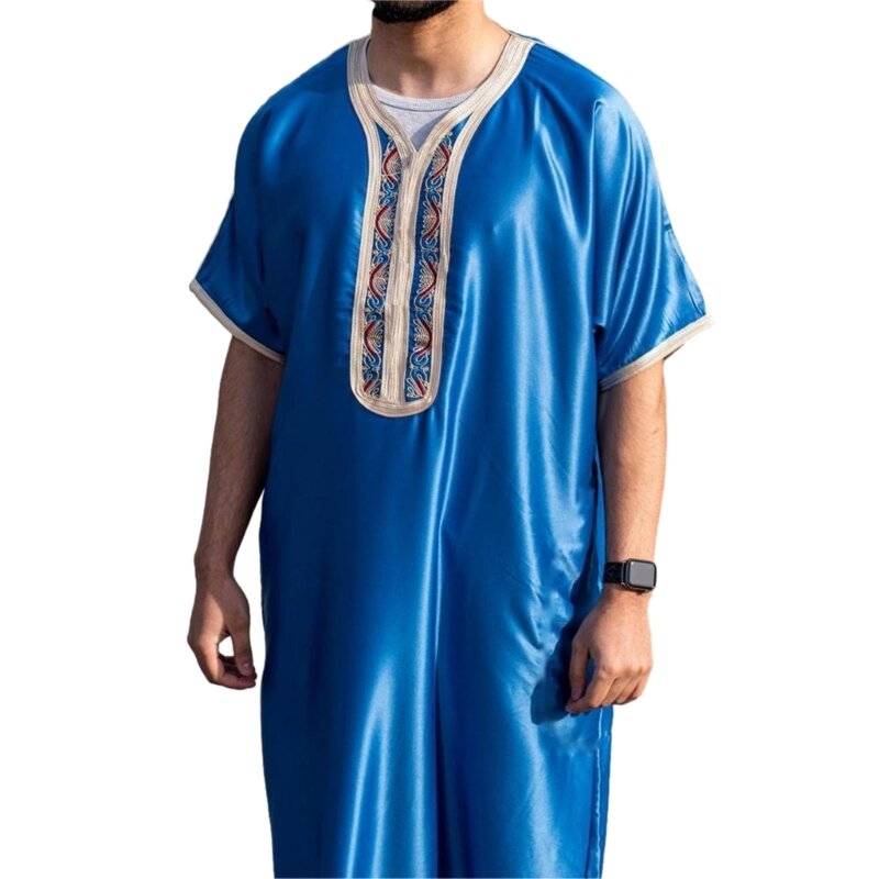 Caftán de manga corta para hombre, Árabe Musulmana túnica, cuello redondo, bata árabe islámica, Ropa Étnica