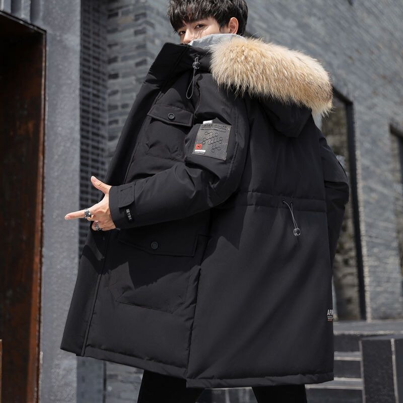 Jaqueta masculina com capuz médio, casaco espesso da moda, top quente, colarinho de pele grande, roupa de trabalho à prova de frio de alta qualidade, inverno