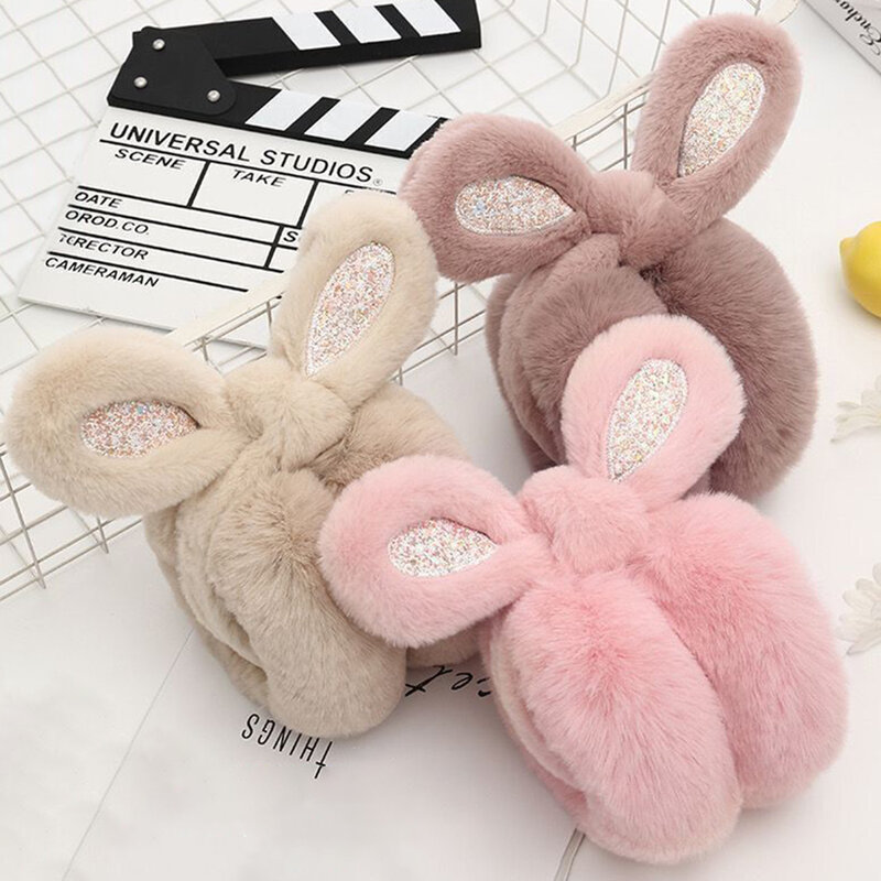 New in Fur Ear Muffs for Women's Autumn and Winter Plush Thickened Warmer Ear Protection Foldable Cute Rabbit Sequin Earflap