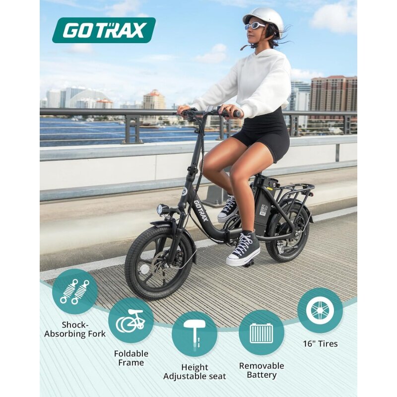 Gotrax-折りたたみ式電動自転車,ペダル制御とスピード,15.5mpphパワー,350Wモーター,16インチ,最大25マイルの範囲