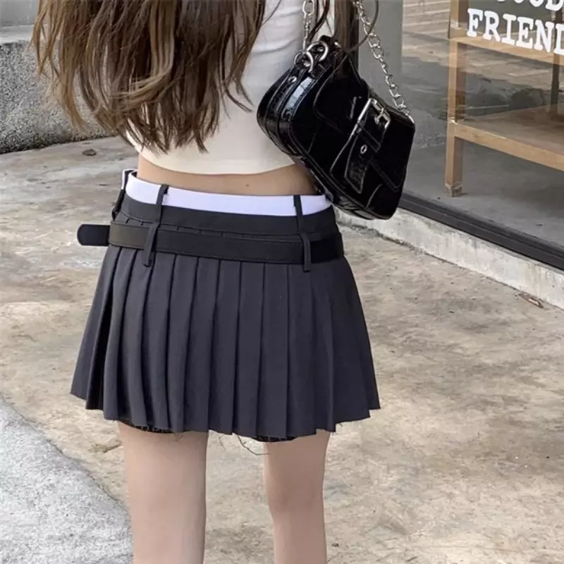 HOUZHOU-minifalda plisada con cinturón para mujer, Falda corta informal de cintura alta, estilo coreano Preppy, ropa de calle de verano
