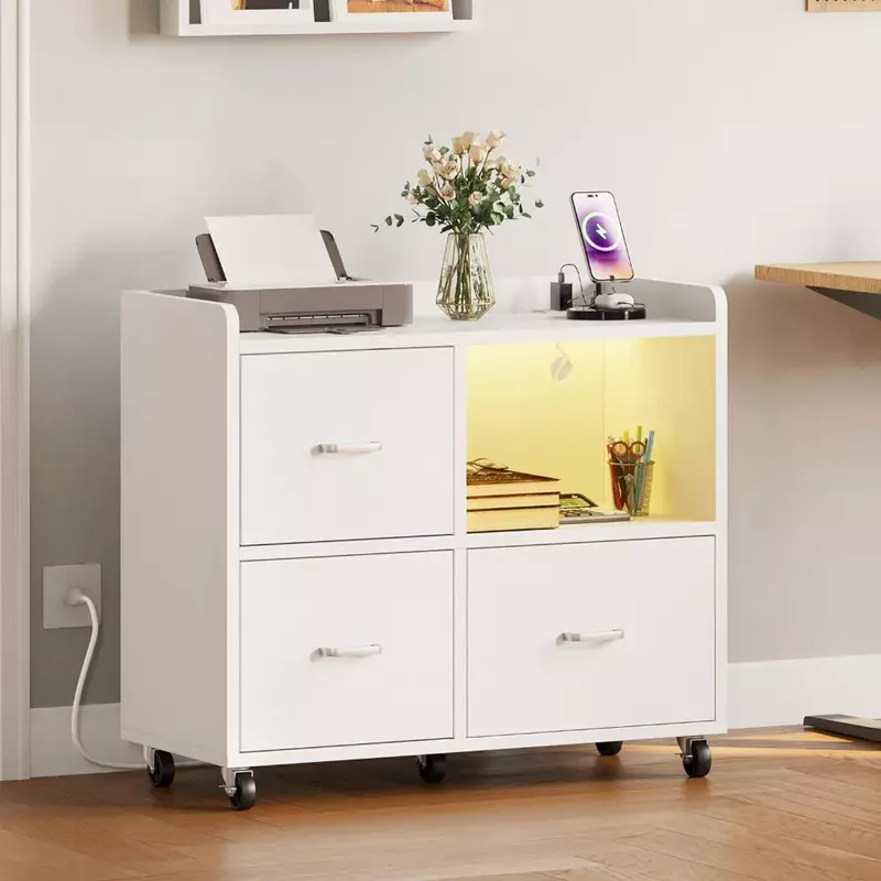 Armário de arquivo de madeira com luz LED, armário de arquivo, Printer Stand com prateleiras, organização do escritório, frete grátis