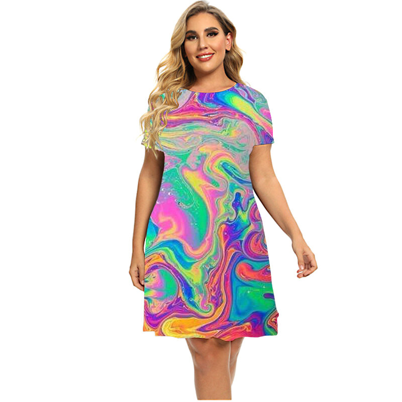 Женское платье с коротким рукавом, разноцветное Свободное платье с круглым вырезом и 3d-абстрактным принтом, большие размеры, лето 2023