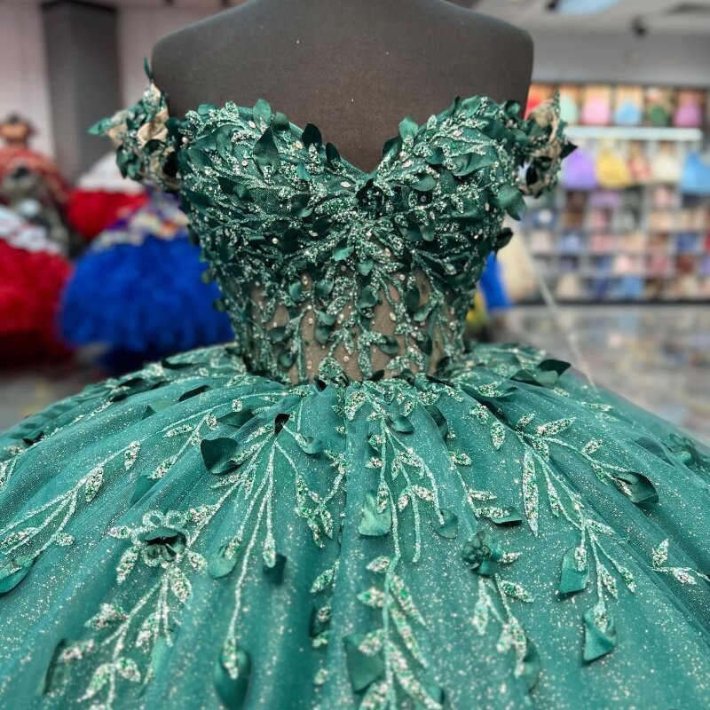 Emerald Green Shiny Princess Quinceanera Dress Ball Gown Off Shoulder Crystals Flowers Pageant Sweet 15 Party Dress vestidos de