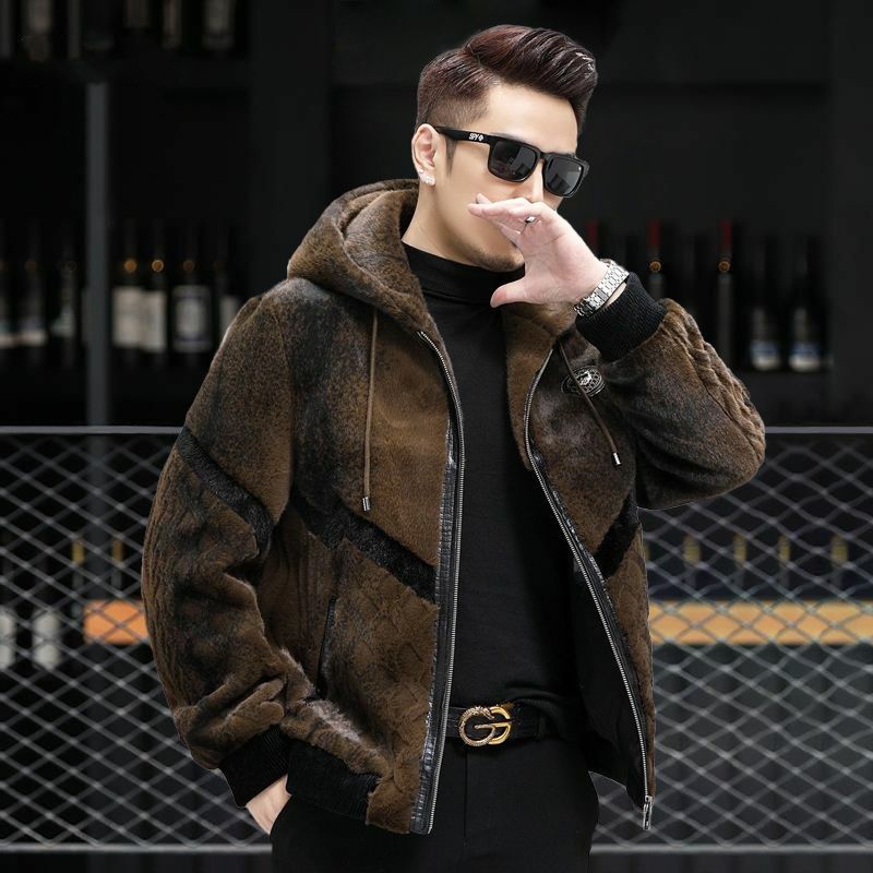 Casaco de pele de guaxinim real masculino, jaqueta de couro grande, boné longo novo, outono e inverno, Z85