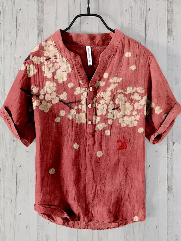 Kwiat śliwy wschód słońca japoński artystyczna koszula męskie koszula na co dzień z krótkim rękawem kołnierz koszula typu Henley topy