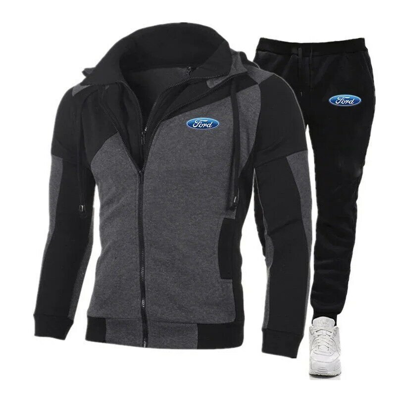 2023 Men's New Ford Car Logo Diagonal Zipper Hoodie Tracksuit Hooded Sweatshirts Tops+Pants Pullover Sportswear Suits