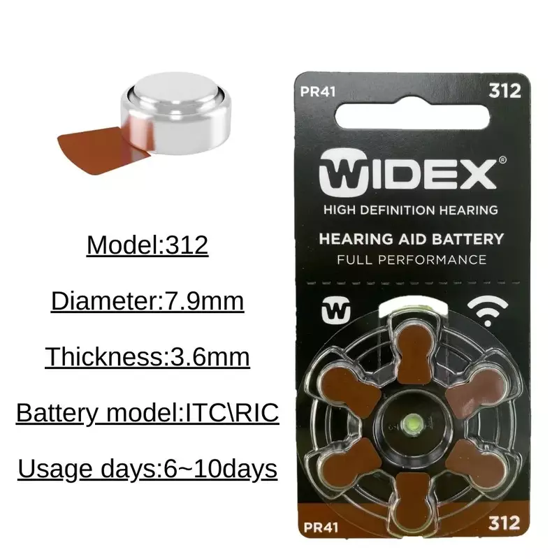 Pudełko z aparatem słuchowym Widex o rozmiarze 312 A312 312A brązowy PR41 cynk powietrza (60 ogniw baterii)