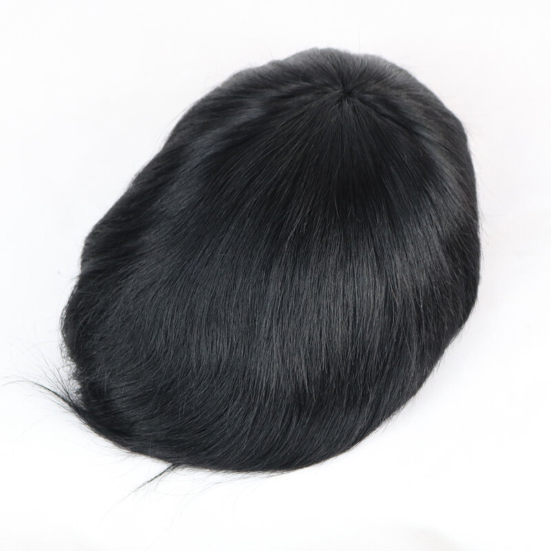 Rambut palsu pria hitam keriting bergelombang lurus 100% rambut manusia dasar Pu & wig pengganti rambut palsu pria renda Mono