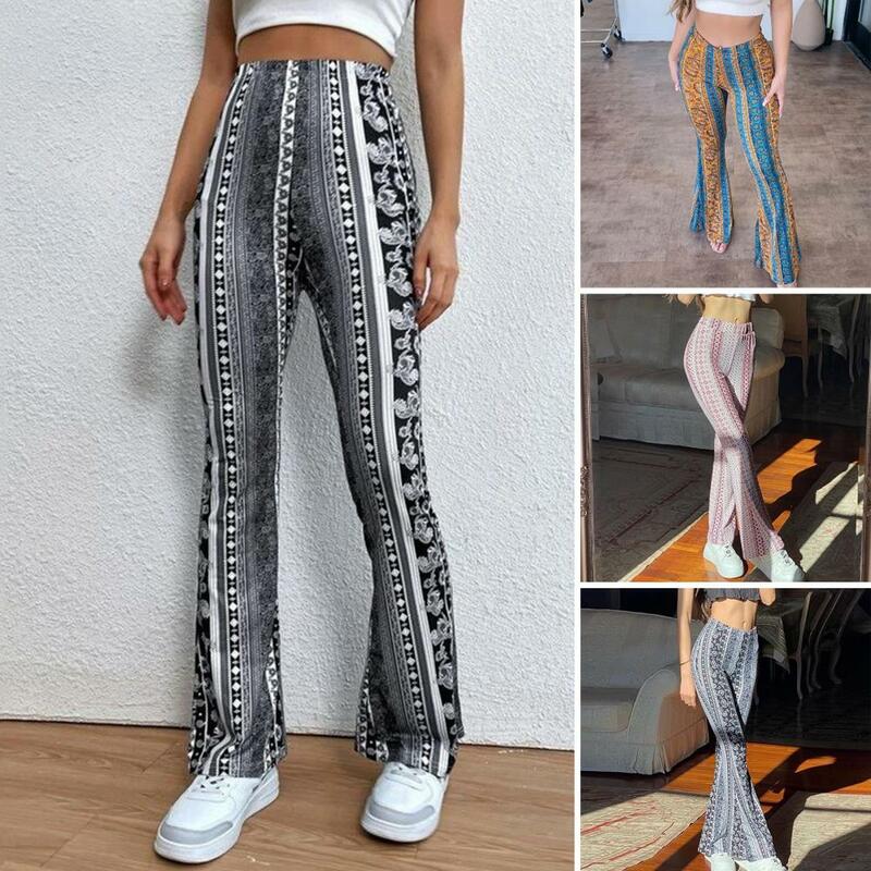 Long Pants Women Pants Bohemia Style Printing Flared Pants Trousers for Women Elastic Waist Skinny Long Trousers for Spring