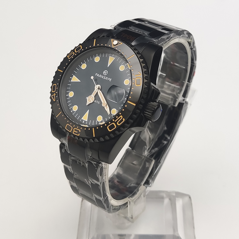 Relógio de aço inoxidável impermeável mecânico masculino, safira e vidro de ouro, PVD preto, movimento empresarial, China 2813