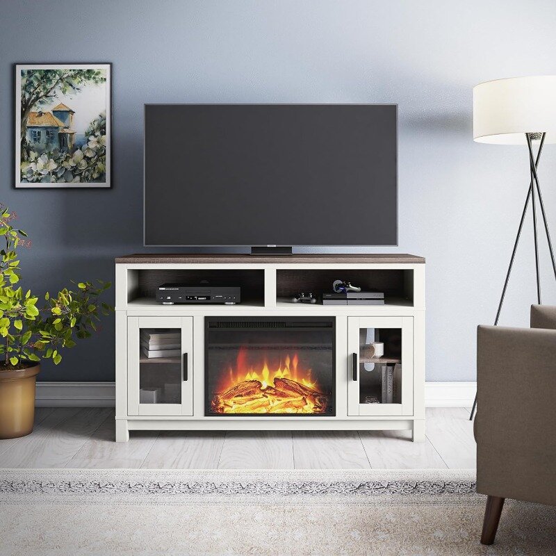 Carver-電気暖炉テレビスタンド、テレビ、テレビ、最大60インチ幅、白