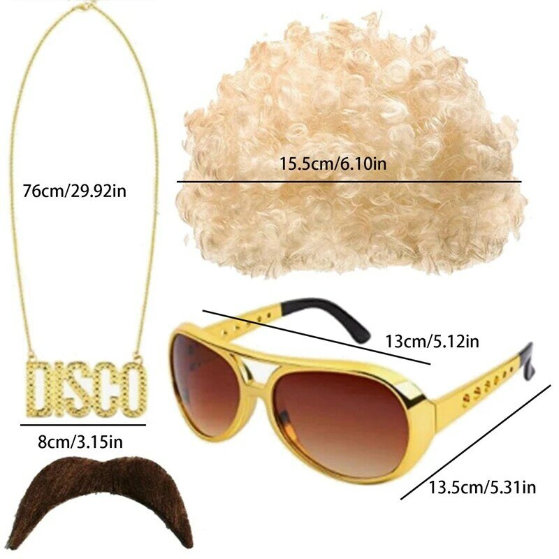 Disco Hip Hop Costume Set Funky Afro Wig  Sunglasses Mustache Stick Letter Peace Sign Necklace for 50/60/70s/80s Theme Party