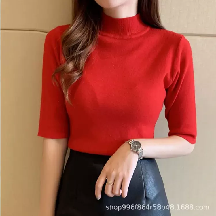 Women Semi Turtleneck Half Sleeve Slim Knitwear Sweater Tops Summer Lady Thin Solid Pullover Tshirt JZFS-338