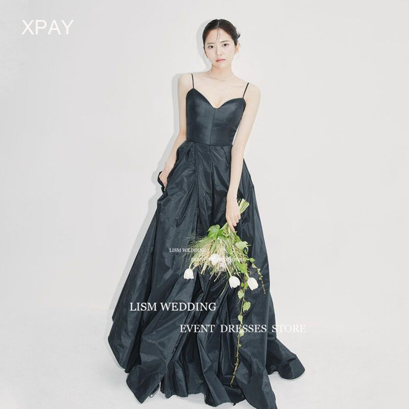 LISM Black Spaghetti Straps Korea Evening Dresses Wedding Photo Shoot Sleeveless Prom Occasion Gown Satin Backless Party Dress