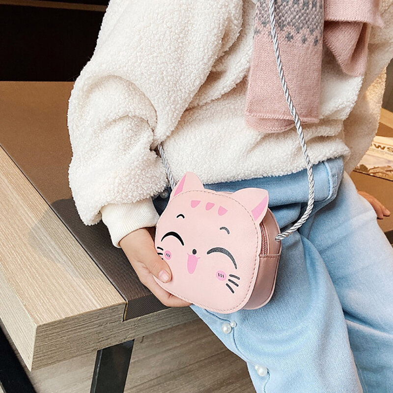 Cute Cat Boy Girl Children PU Leather Mini Zipper Shoulder Crossbody Bag Coin Purses Handbag Messenger Bag Birthday Gift