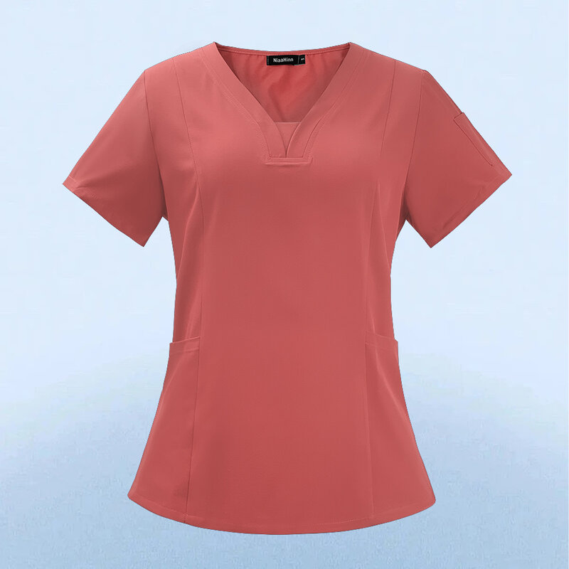 All'ingrosso moda Scrub Top medico ospedaliero infermiere lavoro uniforme tinta unita Unisex abito chirurgico scollo a v Scrub Top per le donne