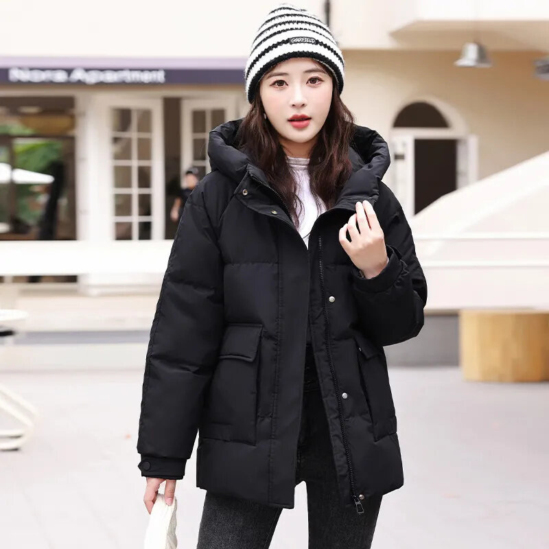 Winter Cotton Jacket Women New Loose Stand-Up Collar Hooded Coat Fashion Pure Colour Outerwear Thicken Parka Overcoat Female