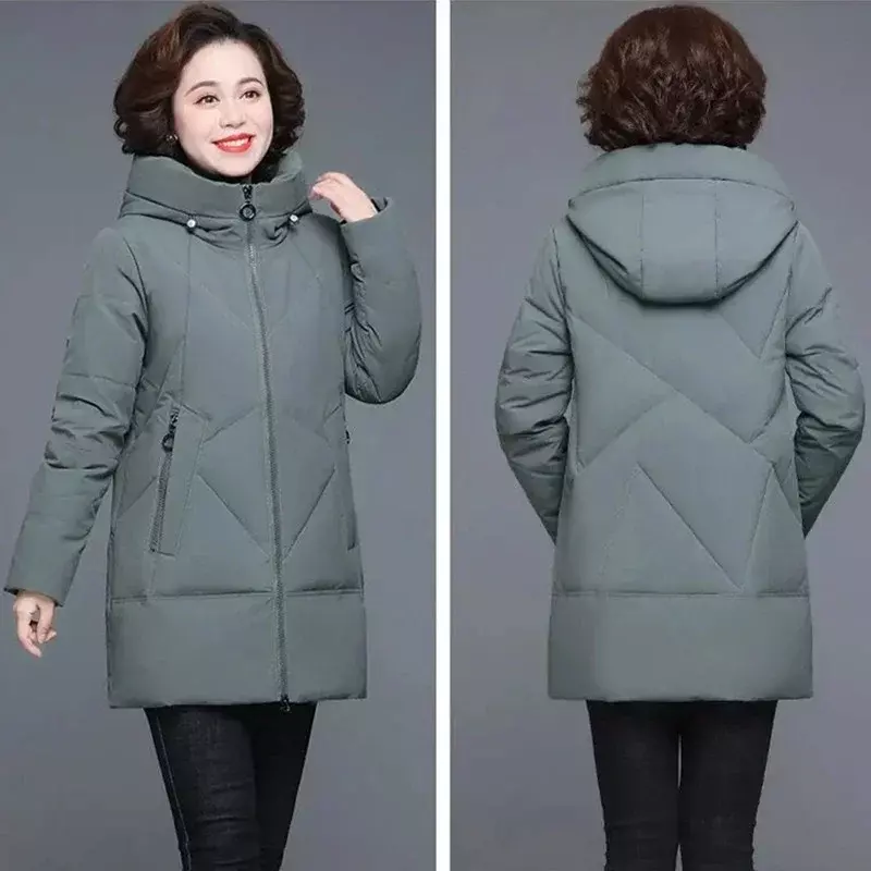 Płaszcz zimowy 2023 matka w średnim wieku nowa ocieplana kurtka z bawełny długi, z kapturem Parka damska wiatroodporna luźna ciepła odzież wierzchnia Parka