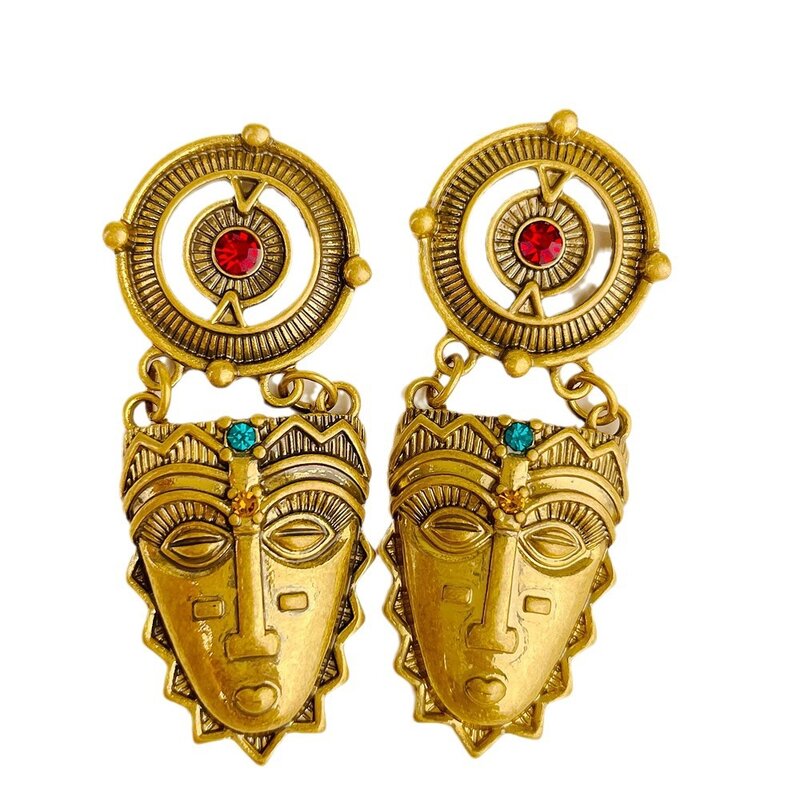 インドの像のイヤリング,部族のイヤリング,アンティーク,ゴールドカラー,エキゾチックな幾何学的,大きな誇張されたペンダントの装飾