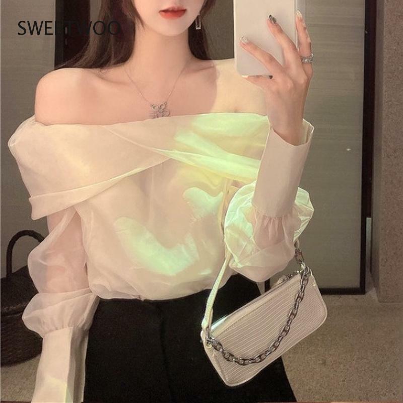 Sexy rendas retalhos transparente manga comprida blusa feminina slash neck sólido solto coreano moda elegante camisas maré moda 2022