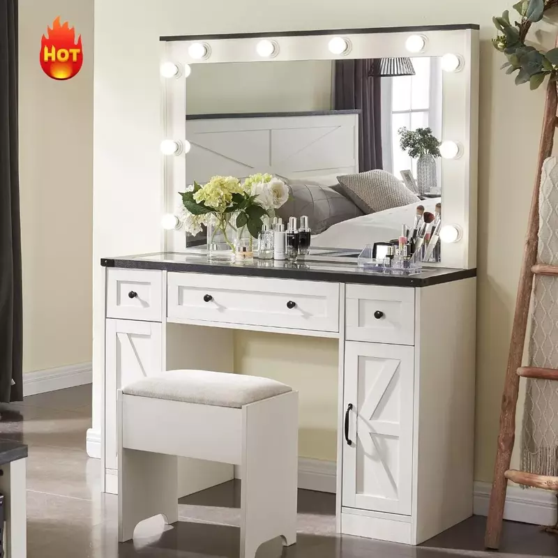 Farmhouse Vanity Desk With Hollywood Makeup Mirror - Ample Storage Space With 3 Drawers & 2 Cabinets - Detachable Light Bulbs
