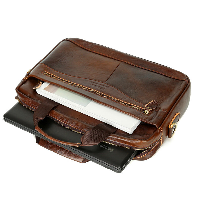 Genuine Leather Men's Briefcase Luxury Cowhide Handbag Large Capacity Male Shoulder Messenger Bag Business 14" Laptop Bag