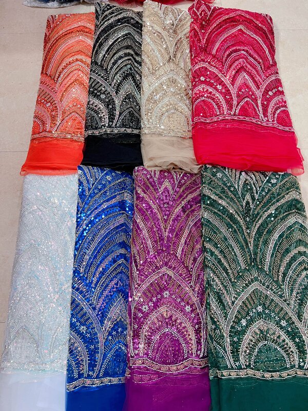Latest African Sequined Lace Fabric 2024 High Quality Beads Lace Material 5 Yards French Nigerian Lace Fabrics For Party Dress