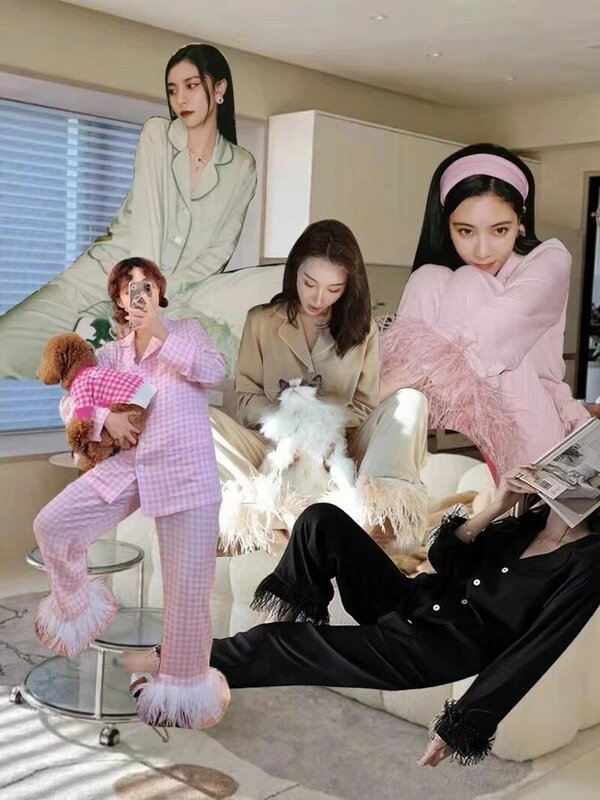 2023 lange Ärmeln 100% Straußen Feder Pyjamas für Frauen Casual Nachtwäsche Fabrik Outlet Zwei Stück Pyjama Set Pyjama Party Tragen