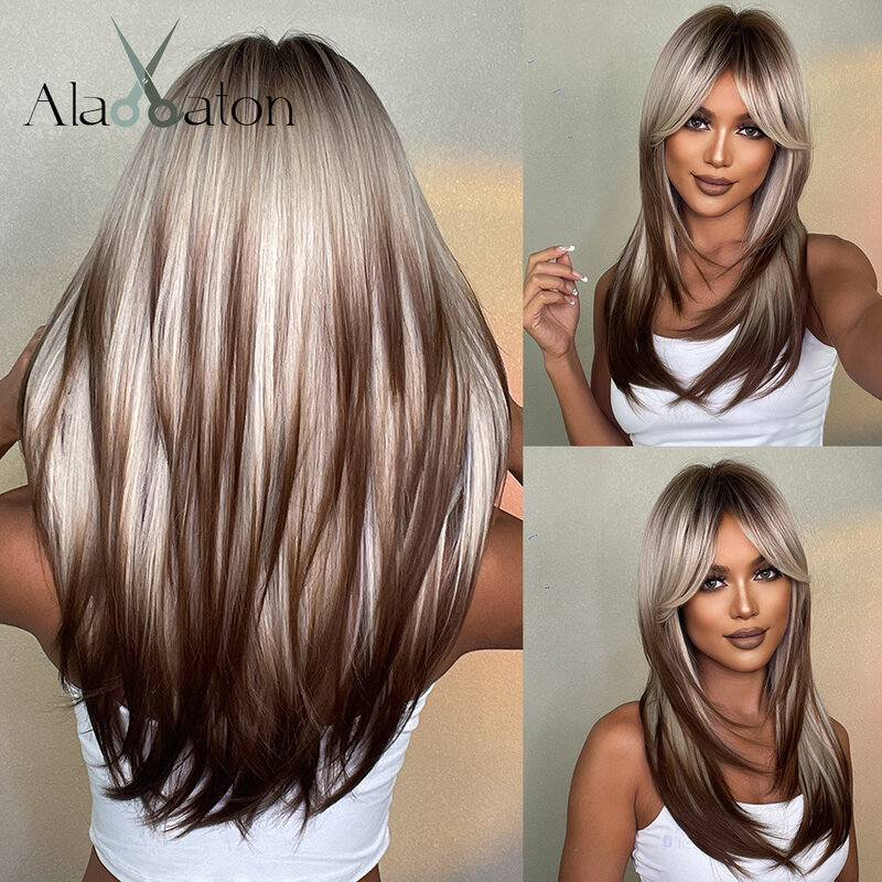 ALAN EATON – perruques synthétiques longues et lisses à reflets bruns avec frange, cheveux de Balayage en couches blonds pour femmes résistants à la chaleur