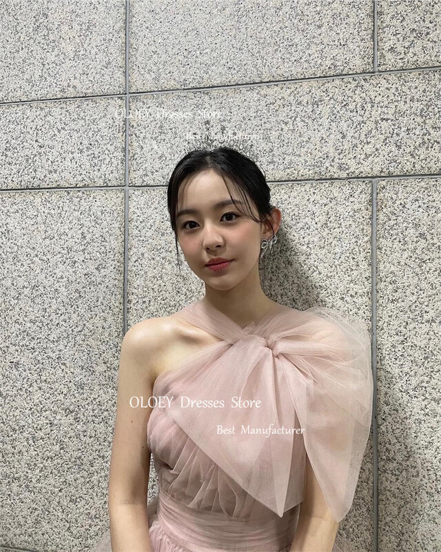 OLOEY peri gaun malam kain Tule merah muda Dusty pemotretan pernikahan Korea busur panjang lantai gaun Prom gaun pesta panjang