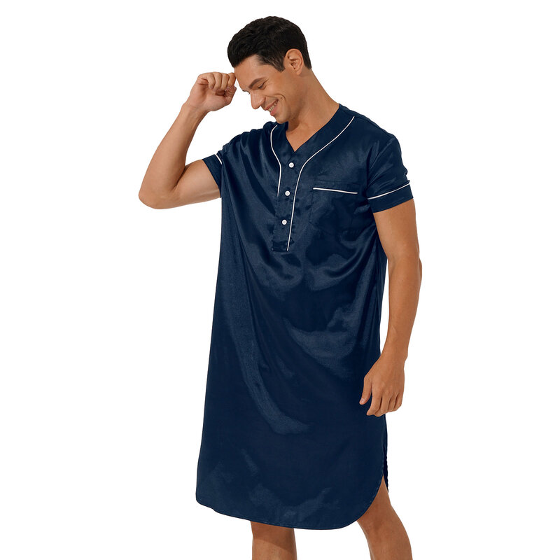 Herren Nachtwäsche Nachthemden Kurzarm Satin Nachthemd Knopf gebogen Saum Pullover Nachtwäsche Nachtwäsche Robe mit Tasche