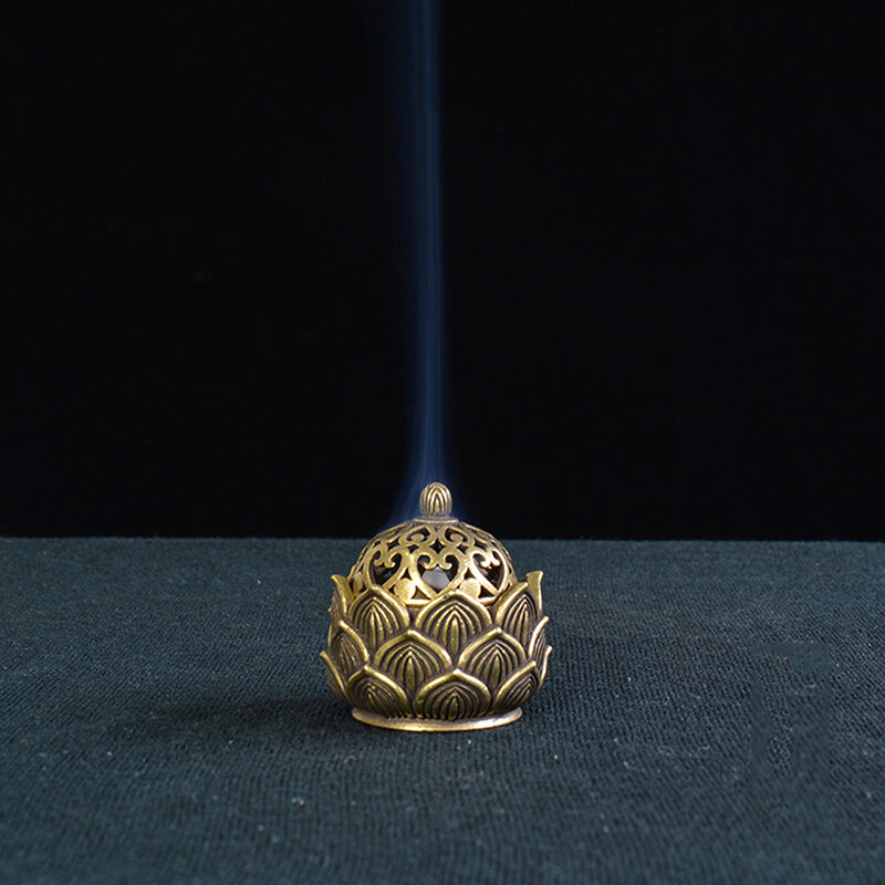 Retro cobre pequeno bolso de lótus oco para fora incenso vara queimador bronze incenso titular com capa sândalo cense decoração casa