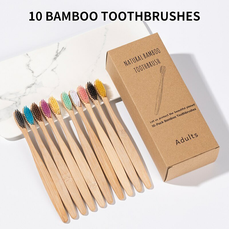 Juego de cepillos de dientes de bambú Natural, 10 piezas, cerdas suaves, blanqueamiento Dental, cuidado bucal