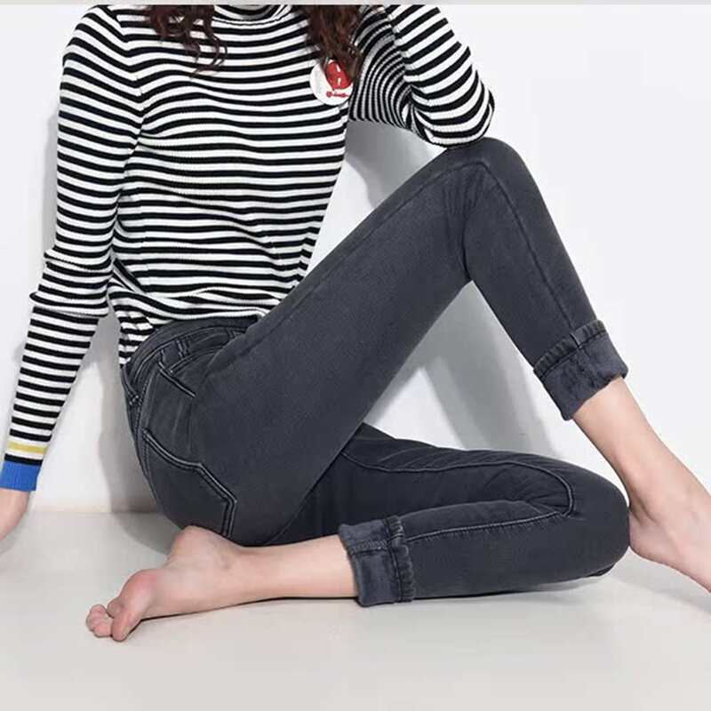 Бархатные зимние брюки, женские повседневные теплые джинсы-карандаш средней длины с поясом, облегающие эластичные джинсовые брюки большого размера с флисовой подкладкой