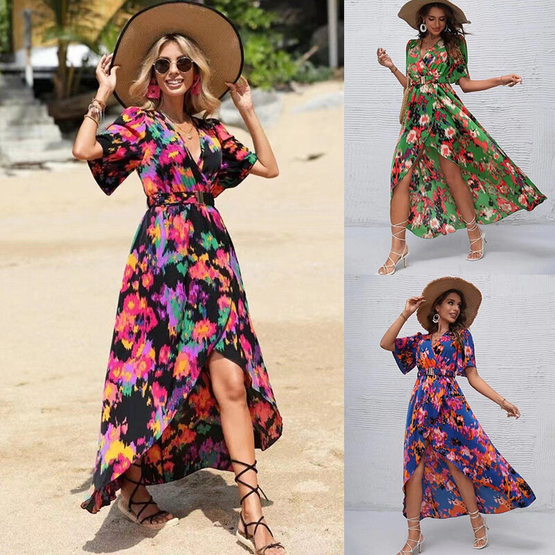 Summer Bohemian Clothing V Neck Tie Waist Beach Dress Women's Resort Beach Dress Printed Short Sleeve Fashion Suit