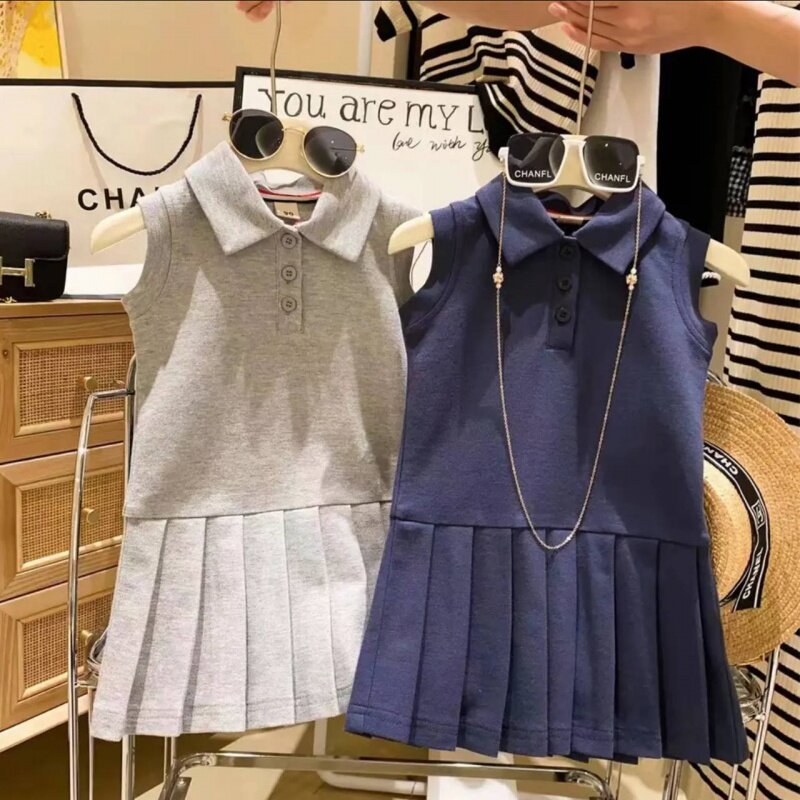 Gaun gaya Preppy anak perempuan 2024 rok berlipat rompi anak-anak gaun Polo gaya Barat jalanan goreng Musim Panas Nl