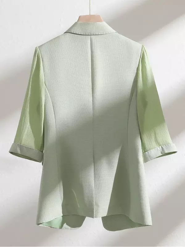 Jaqueta formal feminina de meia manga, blazer feminino, bege, verde, rosa, escritório, negócios, roupa de trabalho, verão, primavera